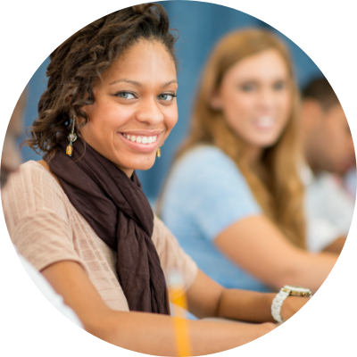 Woman on computer smiling